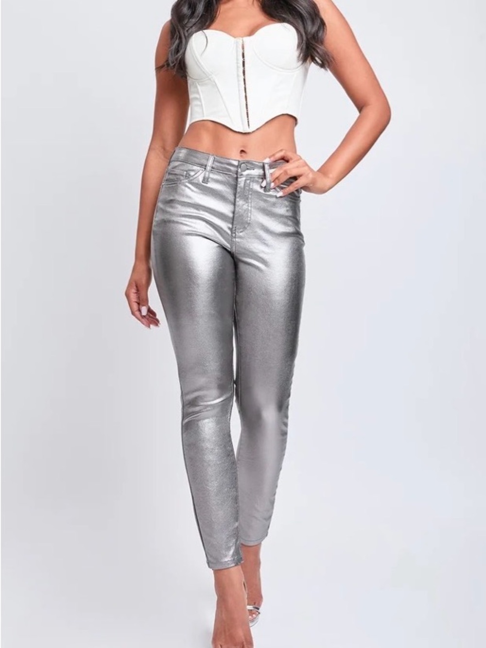 YMI Silver Metallic High-Rise Skinny Pants NWT size medium